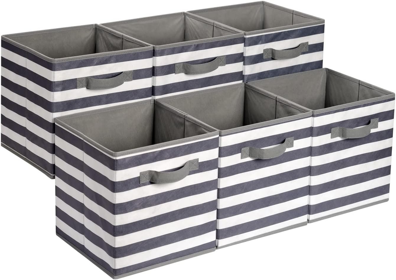 Amazon Basics Collapsible Fabric Storage Bins with Handles, Cube Organizer for Home Organization, 10.5″x10.5″x11″, White/Light Grey Stripe, 6-Pack