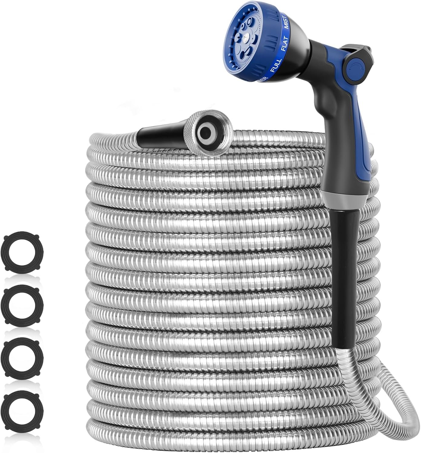 SPECILITE 50ft 304 Stainless Steel Garden Hose Metal, Heavy Duty Water Pipe with Nozzles for Yard, Outdoor – Flexible, Never Kink & Tangle, Puncture Resistant (Sliver)