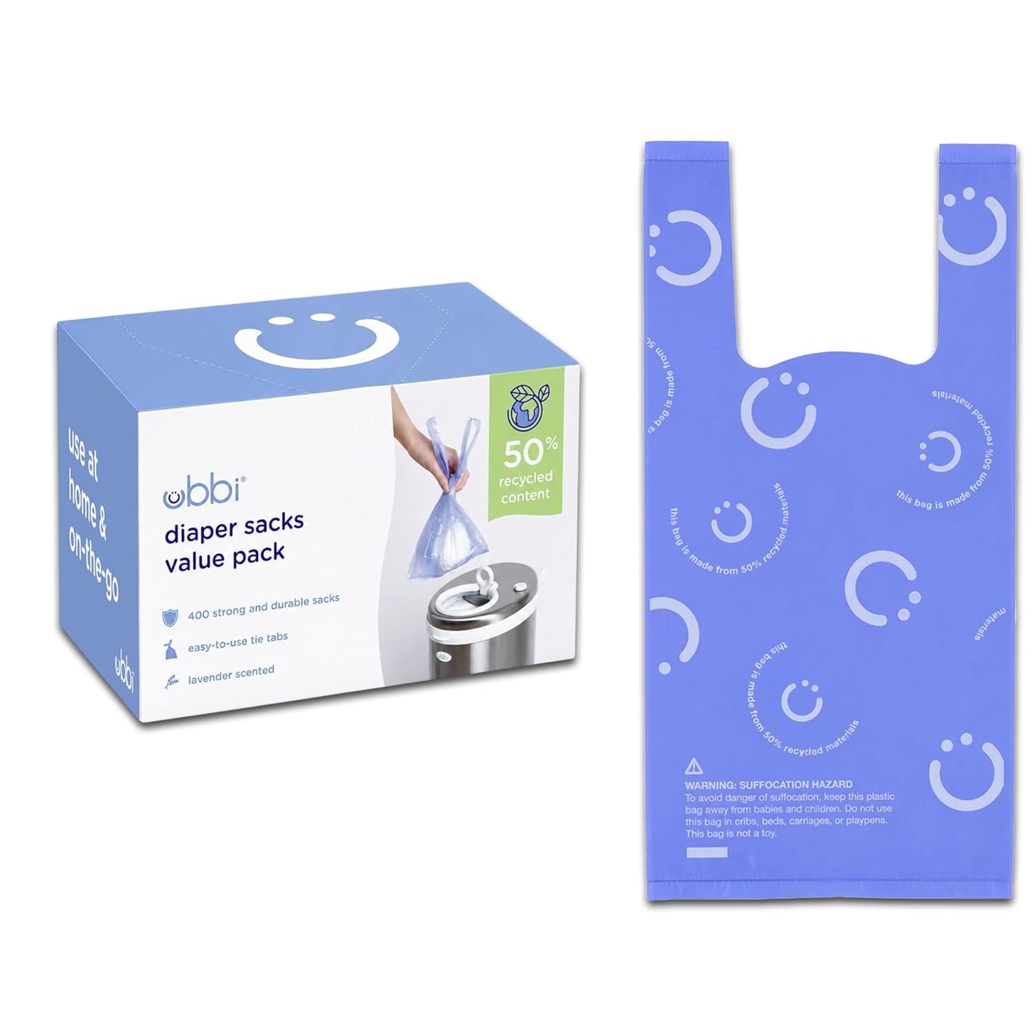 Ubbi Disposable Nappy Sacks, Lavender Scented, Easy-To-Tie Tabs, Baby Diaper Disposal or Pet Waste Bags, Value Pack, 400 Count | Easy-To-Tie Tabs, Made from 50% Recycled Material, Disposable On-The-Go Bags, Diaper Bag and Travel Essential
