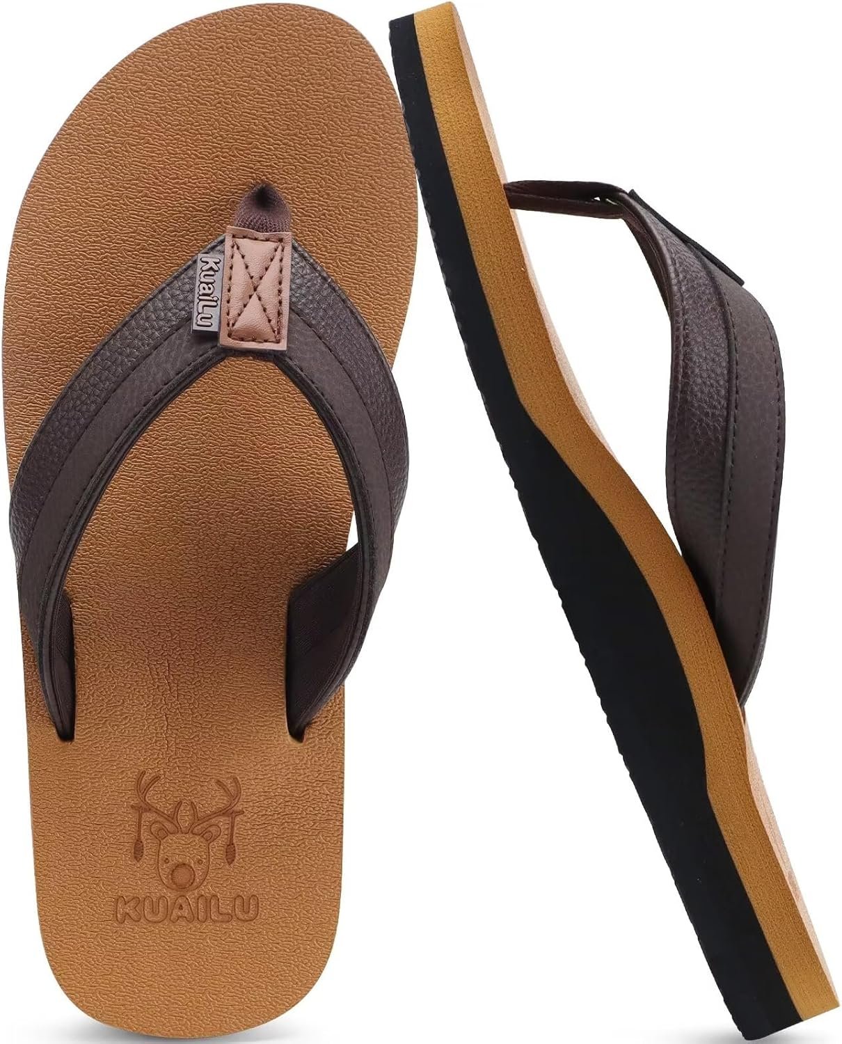 KuaiLu Men’s Yoga Mat Leather Flip Flops with Arch Support Comfortable Cushion Walking Thong Sandals Slip On Indoor Outdoor