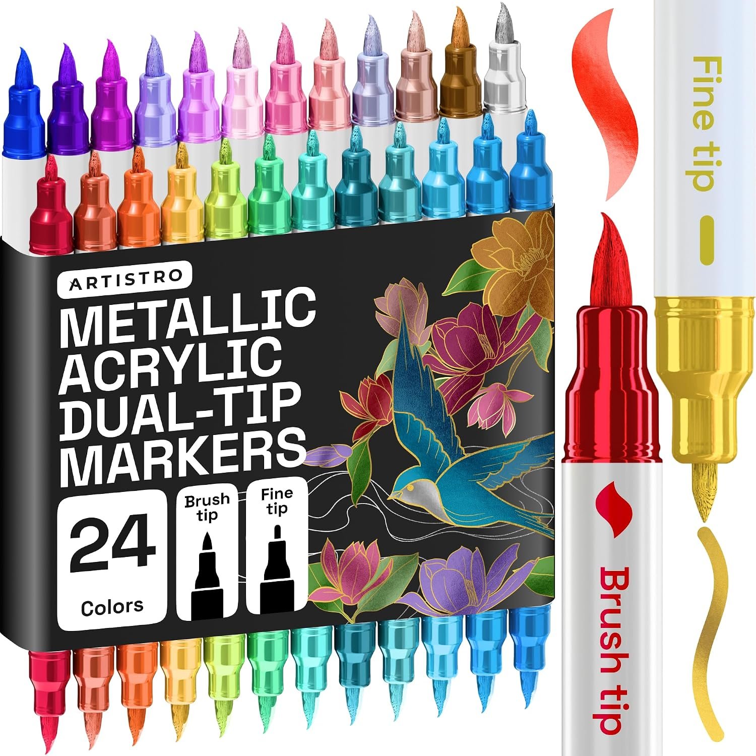 ARTISTRO 24 Metallic Acrylic Paint Markers – Paint Pens for Drawing – For Fabric, Rock, Glass, Wood, Molds – Arts & Crafts Gift for Adults, Teens, Kids, Classroom Must Haves & School Supplies
